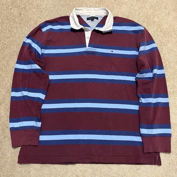 Tommy Hilfiger Burgundy/Blue Striped Rugby Polo Long Sleeve XL - Picture 1 of 6